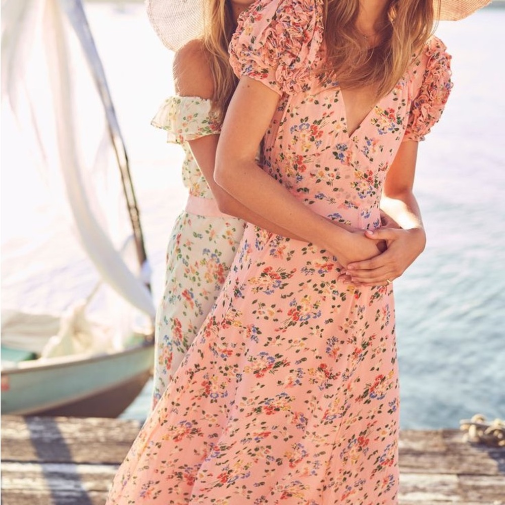 LoveShackFancy Clemence in Sunset Pink Floral Midi Dress